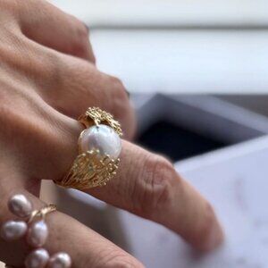 Large Pearl & Golden Branch Design Ring - Adjustable Gift!